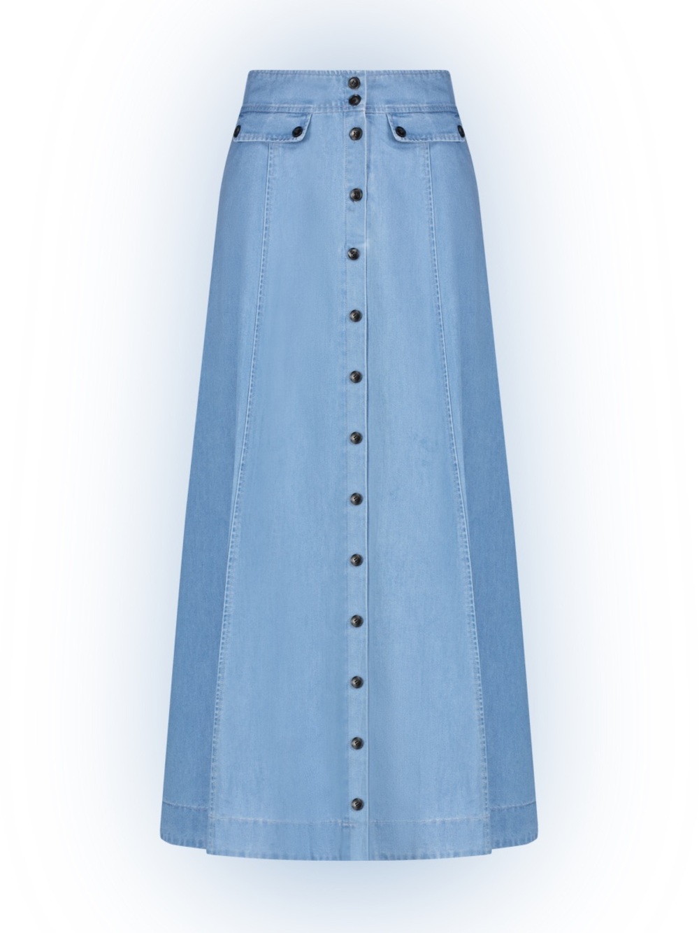 Aleeza Paris button front denim maxi skirt, size XL, 37” long.